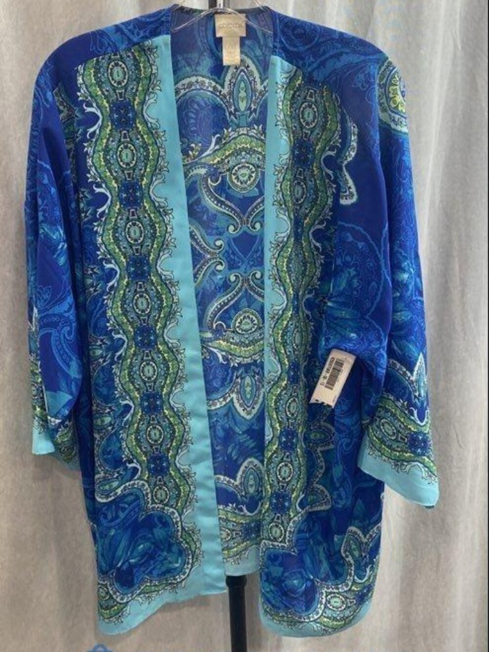 Chicos Green Blue Print Floral Kimono Open Front Top Women’s Size L/XL